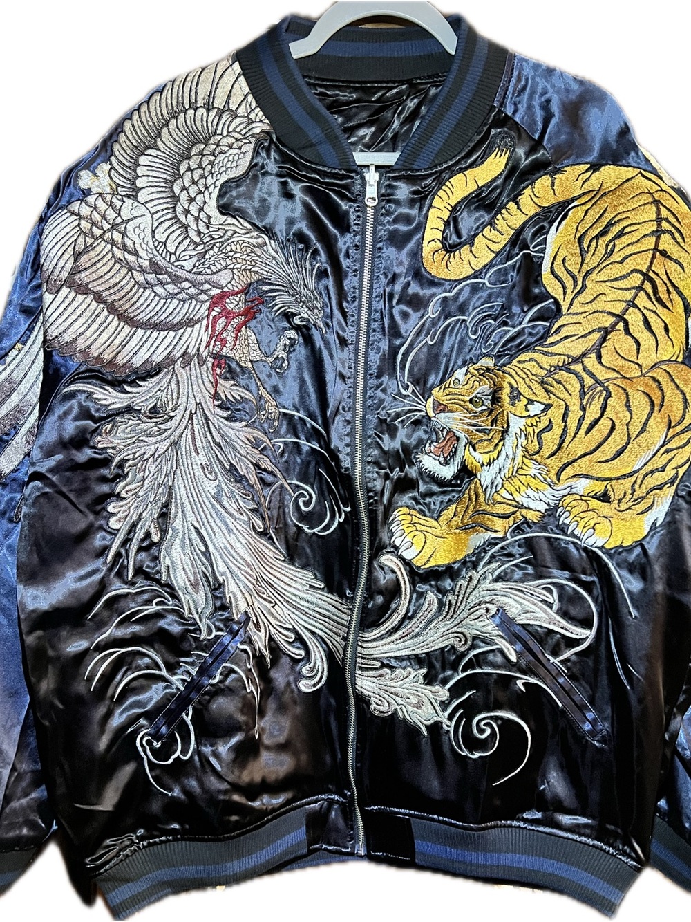 Embroidered Black Satin Sukajan Bomber Jacket with Gold Tiger & Silver Phoenix